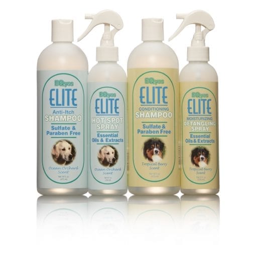 4-pack bundle of EQyss Elite Starter Pack. Includes anti-itch shampoo, hot spot spray, conditioning shampoo and moisturizing detangling spray for pets