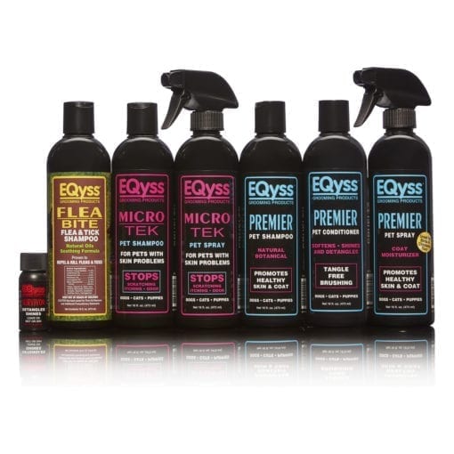 EQyss products from left to right; Survivor, Flea Bite, Micro Tek pet shampoo and spray, Premier pet shampoo, conditioner and spray