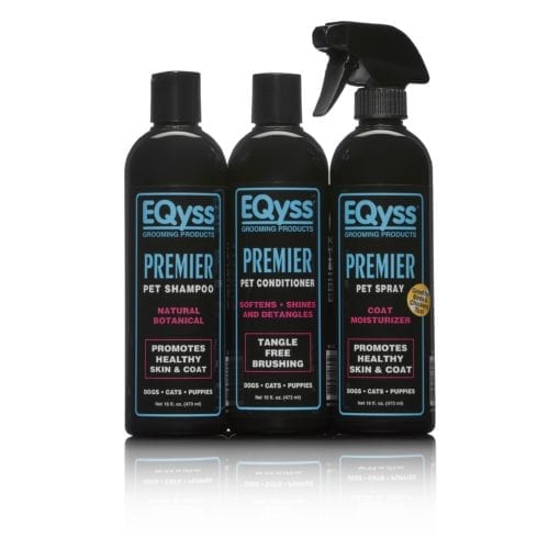 3-pack bundle of EQyss Premier shampoo, conditioner and spray for pets